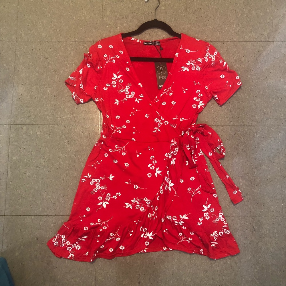 Red petite wrap dress from boohoo